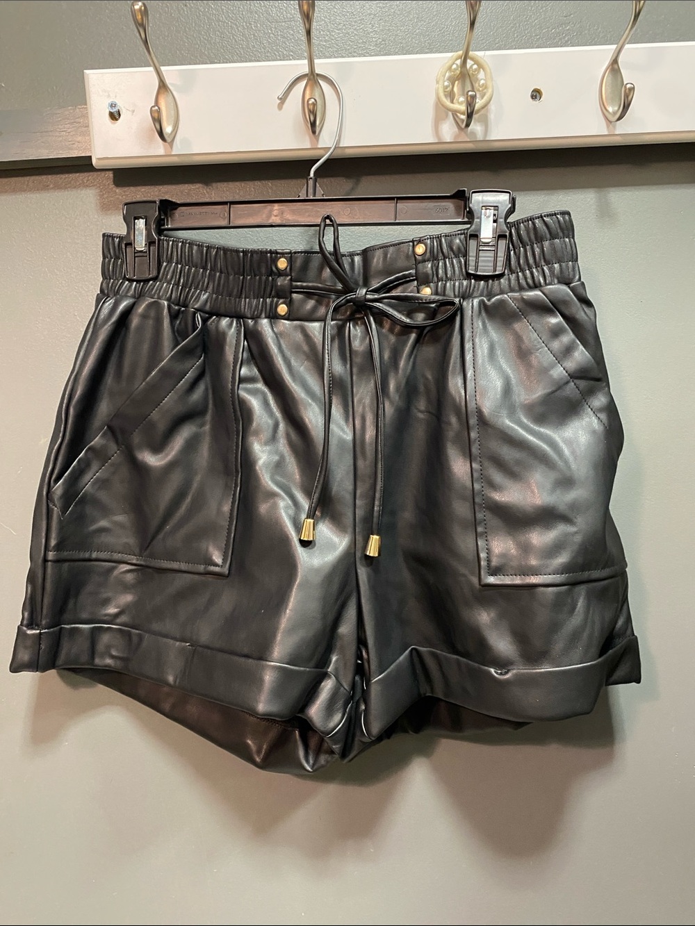 Black Faux Leather Drawstring Shorts